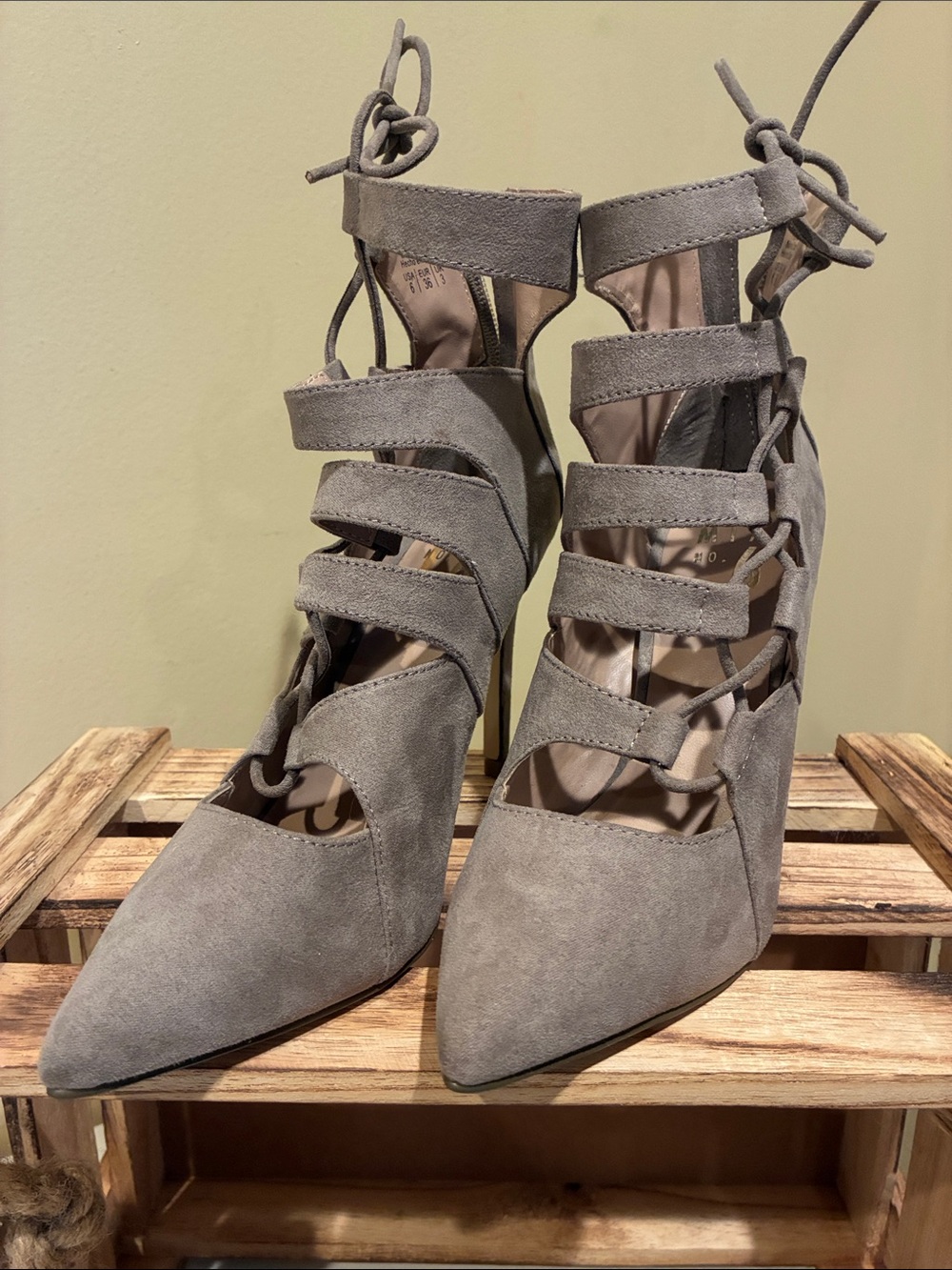 Mix No. 6 Gray Suede Strappy Lace-Up Pointed Heels